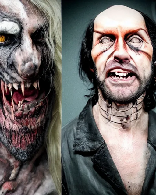 Image similar to David Kessler transforming into a wolf+An American werewolf in London+Photorealistic+Rick Baker style Makeup and Prosthetics+Studio Lighting+Hyperreal