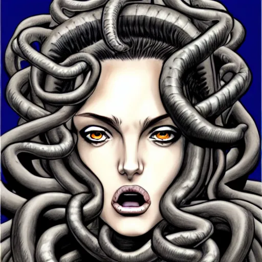 Image similar to beautiful head of medusa from greek mythology in berserk manga, angelina jolie seductive expression, big snakes heads with open mouth, snakes in place of hair, manga drawing, hyperdetailed, 8 k realistic, by kentaro miura