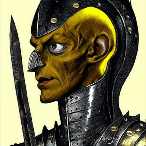 Image similar to ( ( ( head and shoulders portrait of a gaunt noseless yellow - skinned bald githyanki warrior in a breastplate, wielding a magical silver greatsword ) ) ), dave mckean, d & d, fantasy, medieval