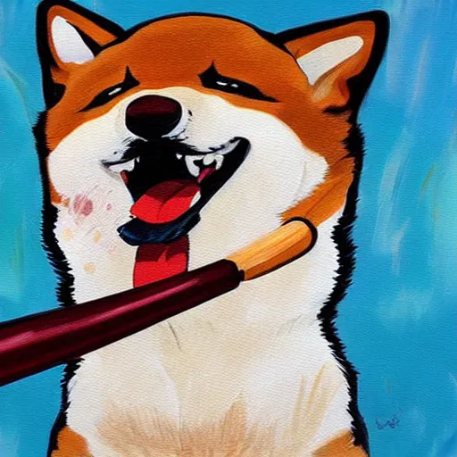 Image similar to shiba inu dog, baseball bat bonk, dog swinging bat 🐶 🏏 🎨🖌