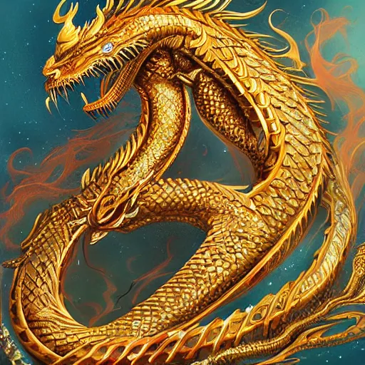 Image similar to golden dragon with jeweled eyes, art, fantasy, intricate, elegant, highly detailed, digital painting, trending on artstation, concept art, smooth, sharp focus, hyperrealistic, illustration, art by Loish and WLOP