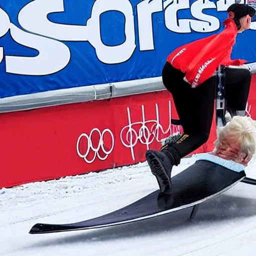 Prompt: sports illustrated olympics photo, an elderly woman sliding down an ice luge at incredibly high speeds