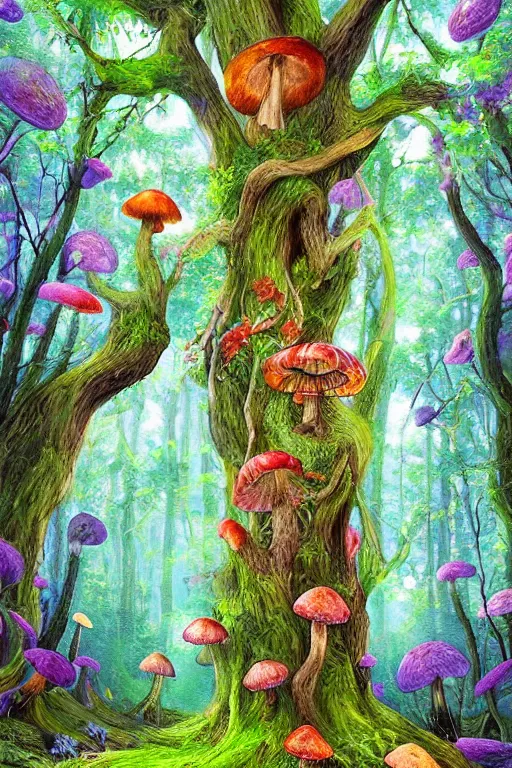 Prompt: digital painting detailed forest tree magical forest flowers mushrooms painted by Wayne Reynolds