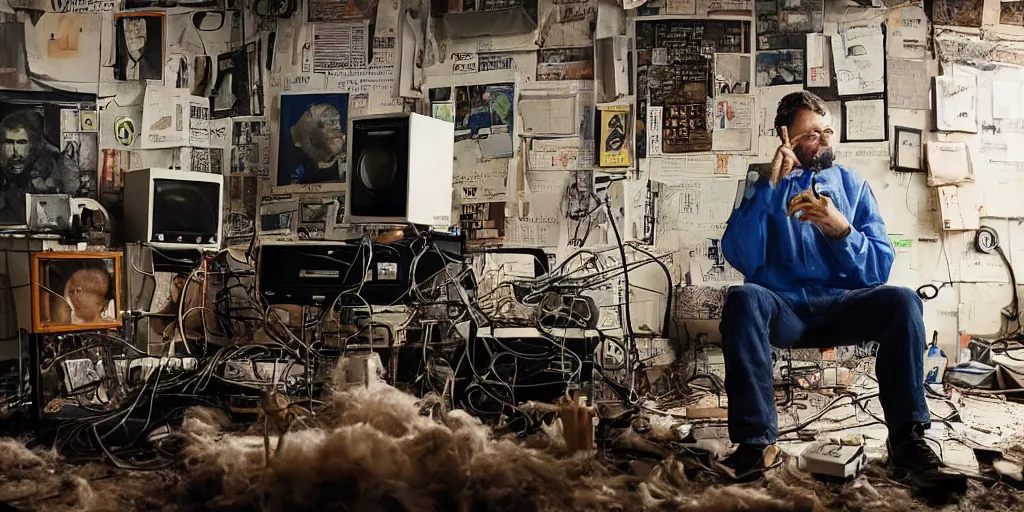 Image similar to typical cryptocurrency nerd, sitting in front of old 9 0's computer, shilling, crt tubes, cables everywhere, damp basement decay, bitcoin poster in background, fat and dirty, scruffy looking, claustrophobia, humidity mold, award - winning photomanipulation