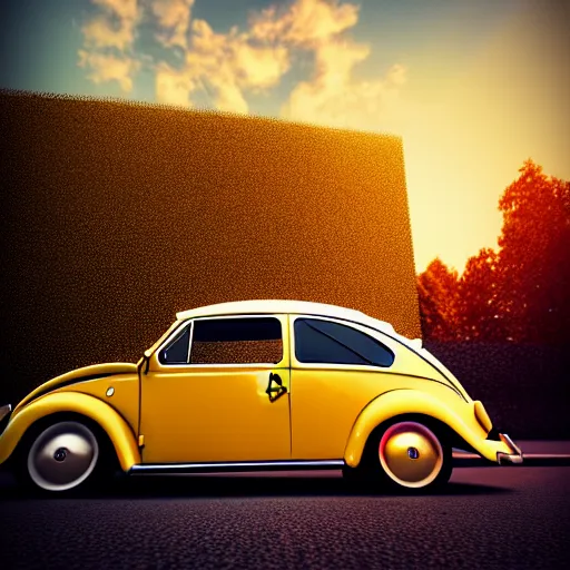 Image similar to a car parked Volkswagon Golk at side of road, Berlin City, city sunset, cinematic color, photorealistic, highly detailed, bokeh, DOF, octane render