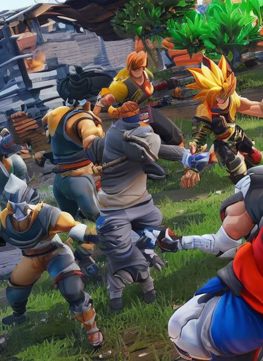 Image similar to game still of a sayan goku as a fortnite skin in fortnite by fortnite, pose.