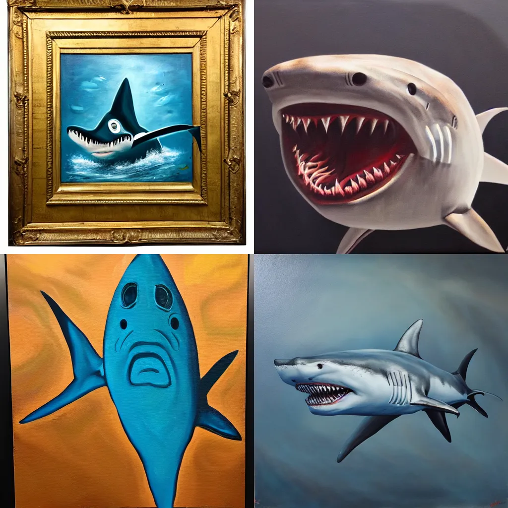 Prompt: subject: oversized shark , style: very heavy textured oil painting with dramatic light