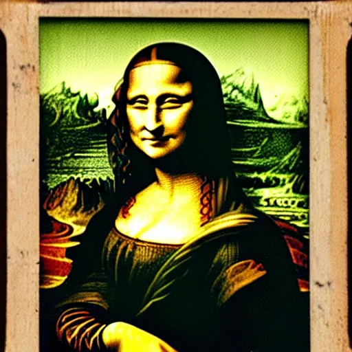 Image similar to polaroid image of the mona lisa on a broken wooden floor.