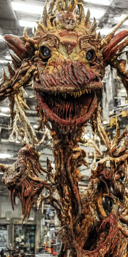 Image similar to photo taken of an epic intricate, ultra detailed, super realistic gritty, hero prop, exquisitely painted animatronic movie prop of a grotesque nightmarish hellish alien creature displayed in the workshop, created by weta workshop, full body shot, photorealistic, sharp focus