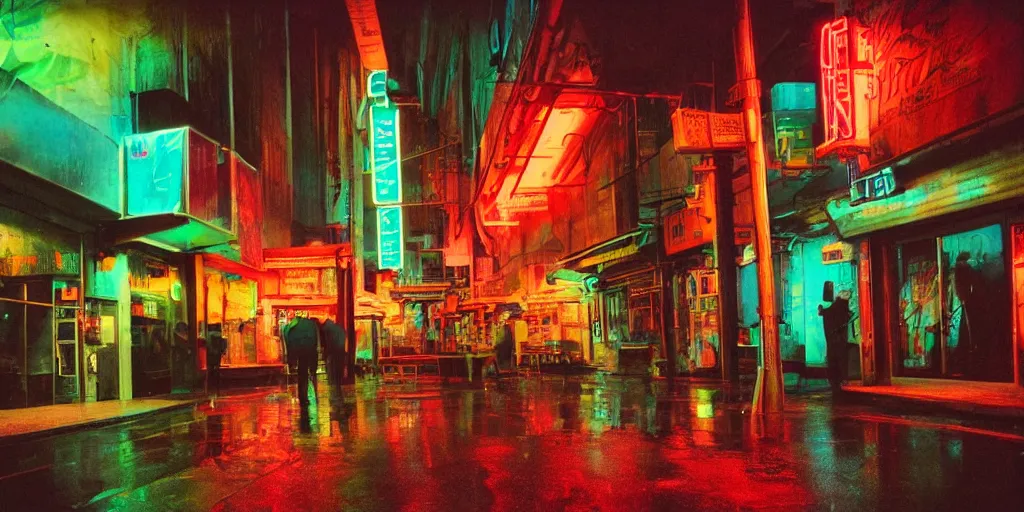 Image similar to dreary alley nightlife rain neon signs crowded futuristic retro streetlight kodachrome