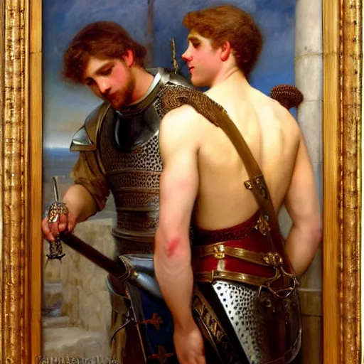 Image similar to attractive fully clothed arthur pendragon confesses his love for his attractive fully clothed male knight. highly detailed painting by gaston bussiere and j. c. leyendecker 8 k