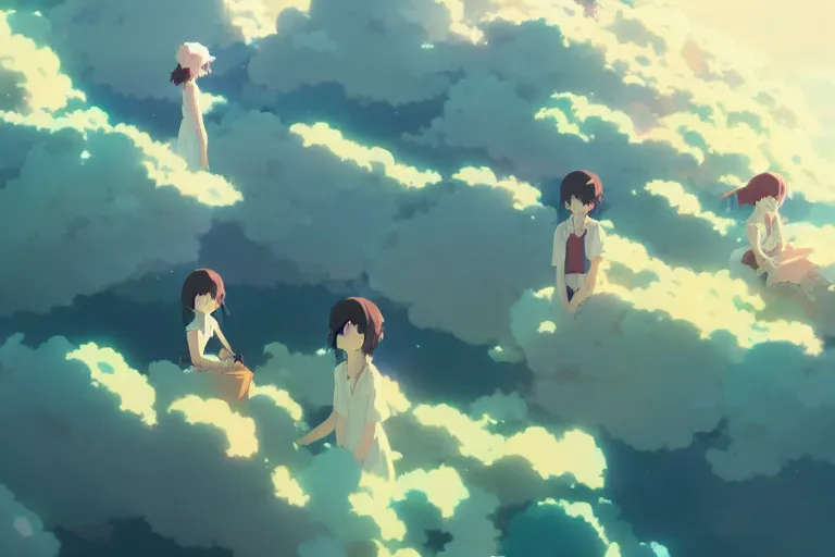 Prompt: group of anime girls kawai separated on the clouds, style of makoto shinkai studio ghibli, james gilleard greg rutkowski chiho aoshima