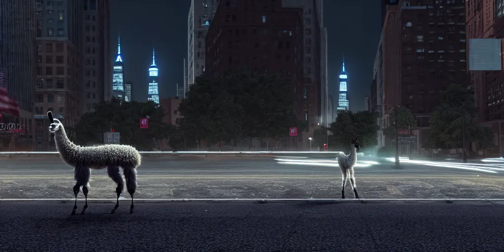 Image similar to a llama walking through a desolate manhattan city street at night, statue of liberty seen in the background, realistic 4 k octane beautifully detailed render, 4 k post - processing, highly detailed, detailed face, intricate complexity, epic composition, magical atmosphere, cinematic lighting, masterpiece, color picture, ultra hd