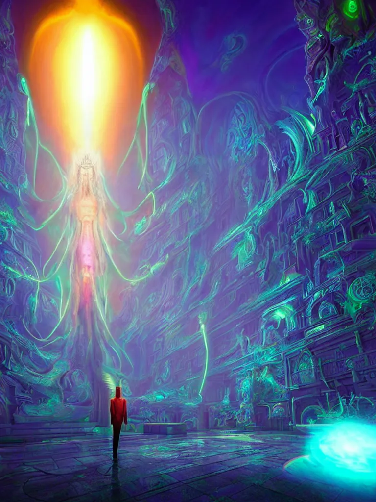 Image similar to entrance to matrix ethereal realm, shiva sentient, rendered in unreal engine, central composition, symmetrical composition, dreamy colorful cyberpunk colors, 6 point perspective, fantasy landscape with anthropomorphic terrain in the styles of igor morski, jim warren and rob gonsalves, intricate, hyperrealistic, volumetric lighting, neon ambiance, distinct horizon