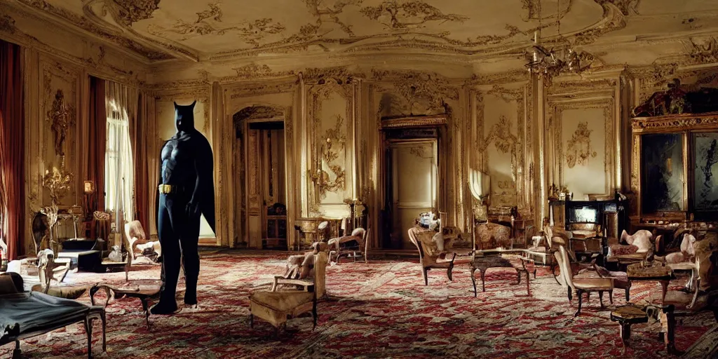 Image similar to Batman standing in giant Italian modern castle living room, photo by Annie Leibovitz