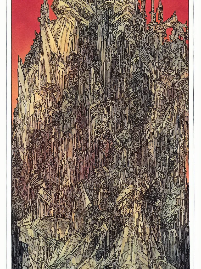 Prompt: castle by philippe druillet and mucha and moebius, symetrical