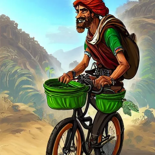 Prompt: a bicycle food delivery worker with a green bag on his back in Portugal, hearthstone art style, epic fantasy style art by kim jung gi, fantasy epic digital art