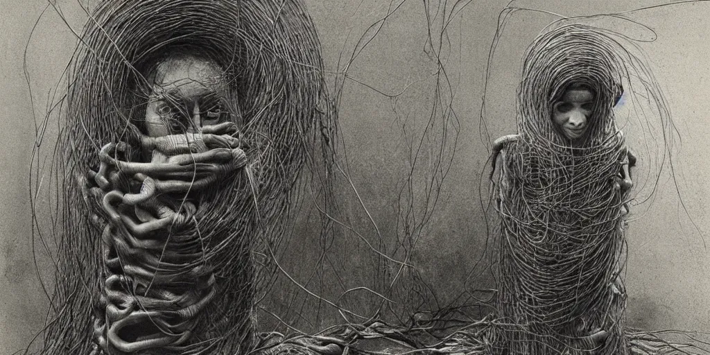 Image similar to photo of a woman wrapped around by tubes and cables by Zdzislaw Beksinski, black eyes