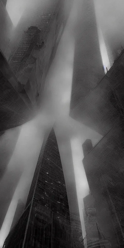 Prompt: in the black storm, dystopic skyscrapers in the mist, on a darkling plain, drawn by nicholas delort!! graphic black and white, low camera, wide angle, centered composition, golden ratio