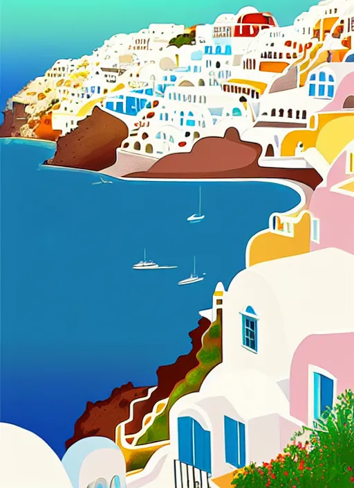 Image similar to a travel poster illustration depicting a house in santorini with an ocean view, white architecture, digital painting, vector art, trending on artstration, by anton fadeev, by alena aenami