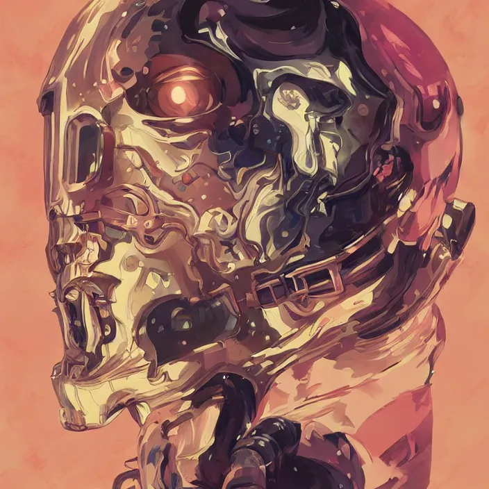 Image similar to anime skull portrait space pirate captain, futuristic science fiction, mucha, hard shadows and strong rim light, art by jc leyendecker and atey ghailan and sachin teng