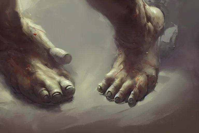 Image similar to close-up of feet of an ogre, dirty nails, concept art in style of Greg Rutkowski, painted by Frank Frazetta, trending on artstation