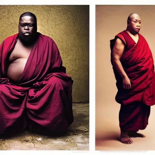 Image similar to in this detailed photography from Annie Leibovitz we can see the Notorious BIG, a buddhist monk who turned into the new Dalai Lama