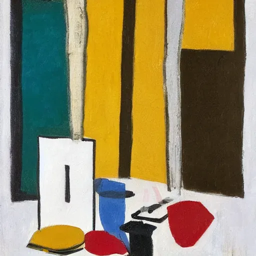 Prompt: a painting by ben nicholson in the style of ivon hitchens, table still life with cards against humanity.