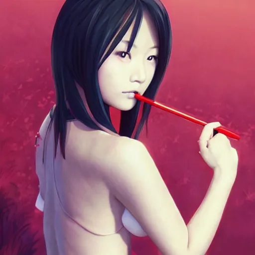 Image similar to a beautiful young japanese hitomi tanaka alluring instagram model in elaborate latex tank top, jrpg tank top made from latex demon faces, concept art by akira toriyama and wlop and ilya kuvshinov and artgerm and studio ghibli, aesthetic, gorgeous, stunning, alluring, attractive, artstation, deviantart, pinterest, digital art