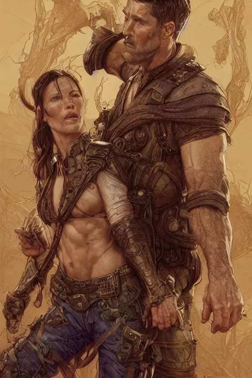 Image similar to Matthew Fox and Evangeline Lilly as a ruggedly handsome hero, intricate, elegant, highly detailed, centered, digital painting, artstation, concept art, smooth, sharp focus, illustration, art by artgerm and donato giancola and Joseph Christian Leyendecker, WLOP