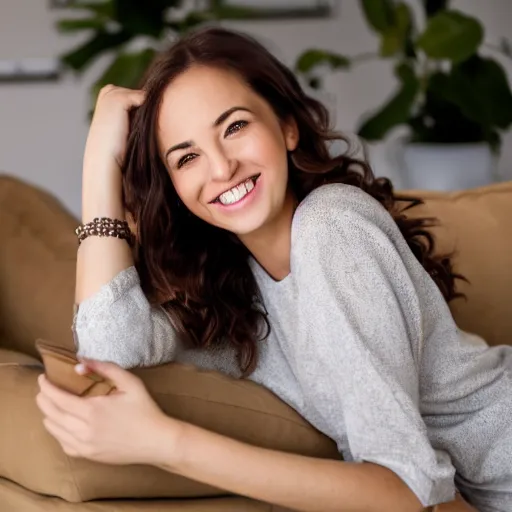 Image similar to a cute young woman smiling, long shiny bronze brown hair, full round face, emerald green eyes, medium skin tone, light cute freckles, smiling softly, wearing casual clothing, relaxing on a modern couch, interior lighting, cozy living room background, medium shot, mid-shot, soft focus