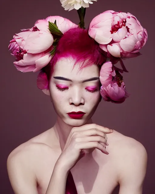 Image similar to androgynous portrait, close-up, high sharpness, zeiss lens, fashion photo shoot, peony flowers, pink hair, red lipstick, on metal background, Annie Leibovitz and Steve McCurry, David Lazar, Zhong Lin, Jimmy Nelsson, Eiko Hosoe , artistic, hyper-realistic, beautiful face, octane rendering
