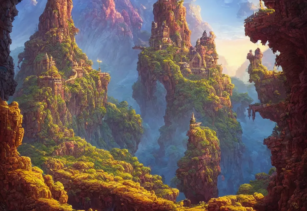 Prompt: an ethereal cliffside castle landscape, art by Noah Bradley and Don Bluth and Joe Fenton, cinematic, masterpiece, vibrant vivid colors, stunning architecture, very beautiful