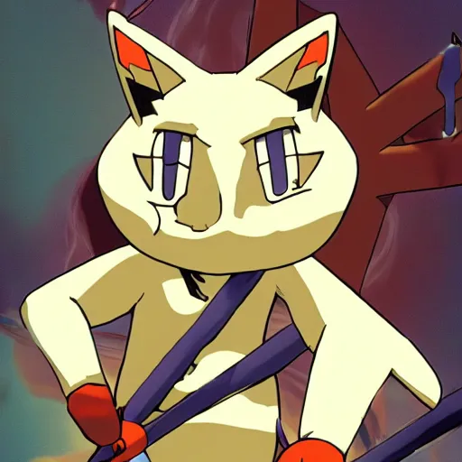 Prompt: meowth from pokemon crucifixion