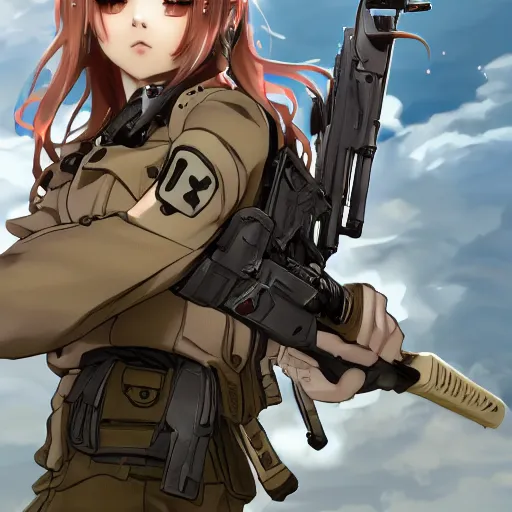 Image similar to soldier girl, anime style, long hair, hair down, symmetrical facial features, girls frontline cg, hyper realistic, pale skin, 4 k, rule of thirds, extreme detail, detailed drawing, trending artstation, hd, fantasy, d & d, realistic lighting, by alphonse mucha, greg rutkowski, sharp focus, backlit, carrier rig