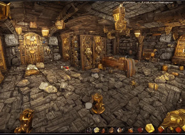 Image similar to a dwarven treasure room containing large multifaceted jewels, war hammers, and dwarven mining equipment