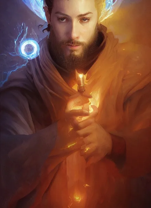 Image similar to character concept portrait of an attractive young focused Spanish wizard with pale orange skin enchanting a blazing spell, a floating iridescent spell book in the center, intricate, elegant, digital painting, concept art, smooth, sharp focus, illustration, from Metal Gear, by Ruan Jia and Mandy Jurgens and William-Adolphe Bouguereau, Artgerm