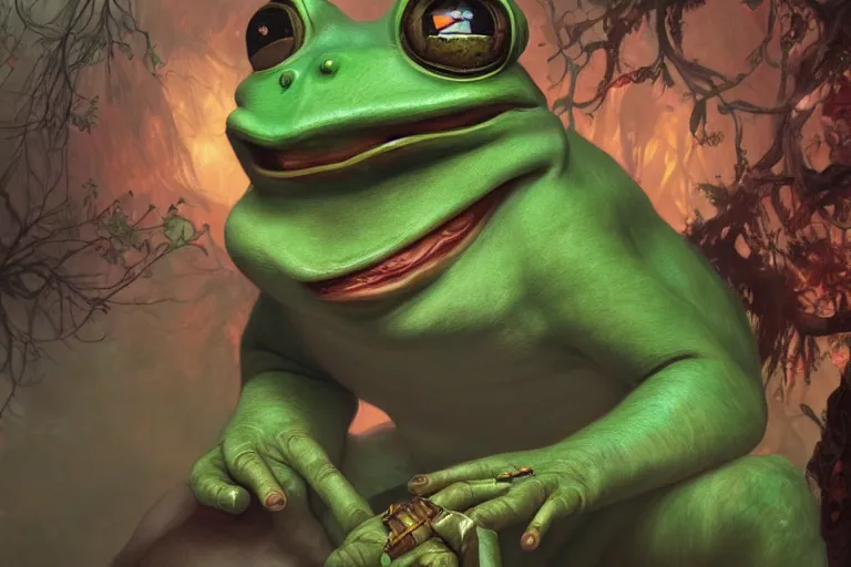 Image similar to music video screenshot of Pepe the Frog, unreal, fantasy, intricate, elegant, dramatic, highly detailed, photorealistic, digital painting, painterly, artstation, concept art, smooth, sharp focus, art by John Collier and Krenz Cushart and Artem Demura and Alphonse Mucha and Albert Aublet