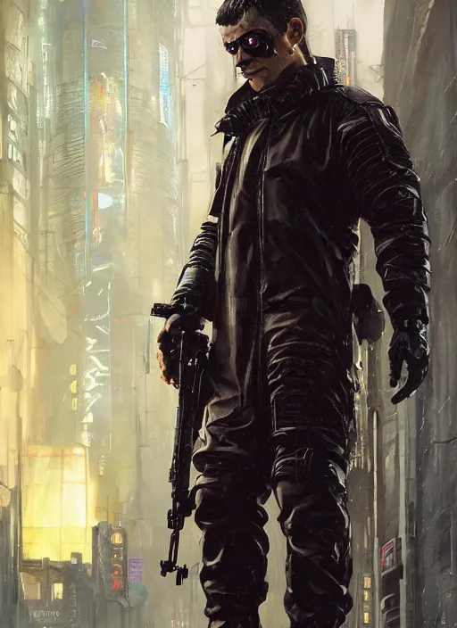 Prompt: frankenstein. cyberpunk cop in tactical gear. plastic raincoat. blade runner 2 0 4 9 concept painting. epic painting by james gurney, azamat khairov, and alphonso mucha. artstationhq. painting with vivid color. ( rb 6 s, cyberpunk 2 0 7 7 )