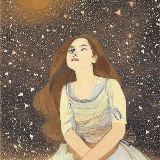 Prompt: Illustration. A beautiful illustration of a young girl with long flowing hair, looking up at the stars. She appears to be dreaming or lost in thought. in India by Sir James Guthrie riotous