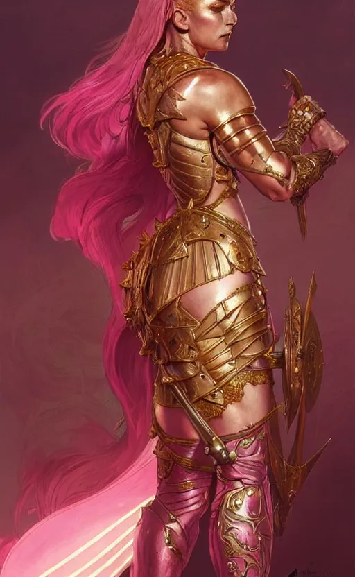 Image similar to Gothic muscular warrior queen in pink and gold mythical heavy armor of thick steel plates, fantasy, highly detailed, digital painting, artstation, concept art, smooth, sharp focus, illustration, art by artgerm and greg rutkowski and alphonse mucha