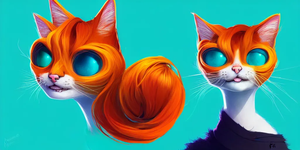 Image similar to curved perspective, extreme narrow, extreme fisheye, digital art of a female cat with ginger hairstyle with blue flower in her hair by anton fadeev from nightmare before christmas