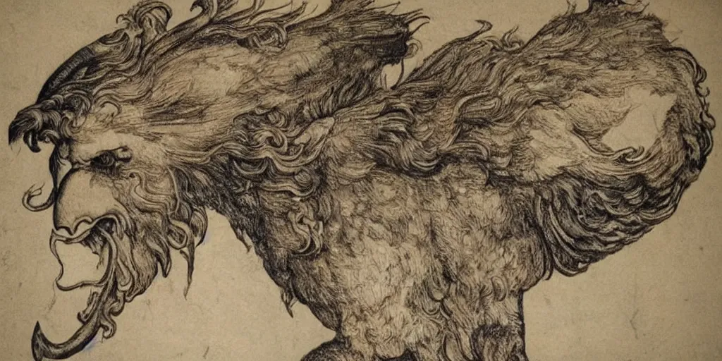 Image similar to human / eagle / lion / ox hybrid. horns, beak, mane, human body. drawn by da vinci