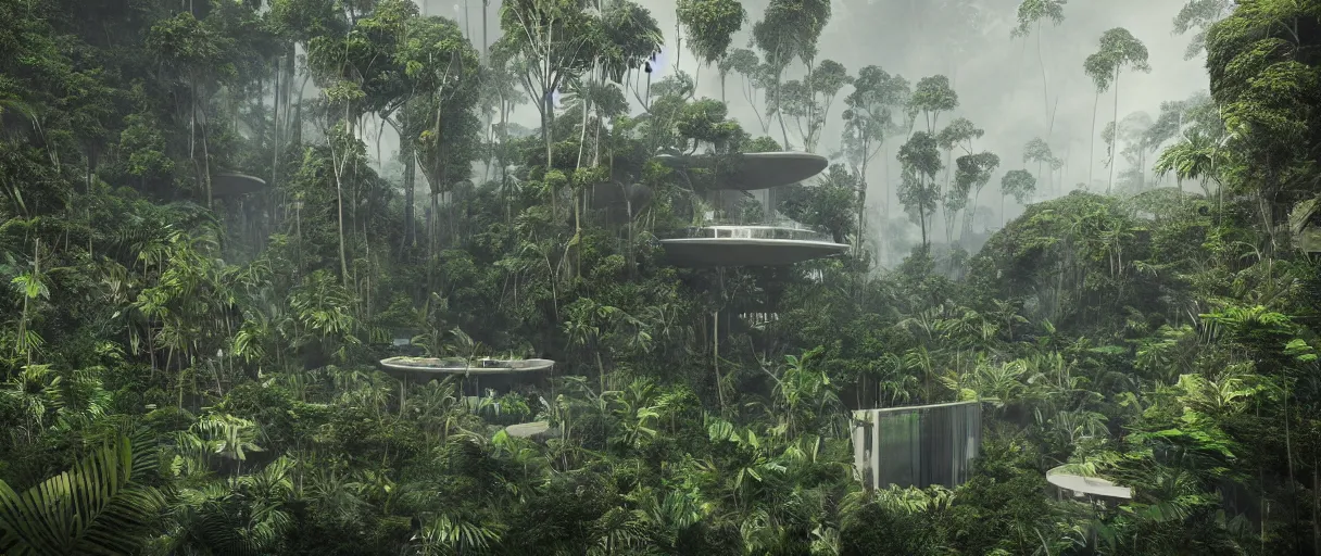 Image similar to architecture inspired by oscar niemeyer deep in the rainforest. nature is taking over. matte painting by ivan laliashvili. unreal engine 5 render. atmospheric. cinematic.