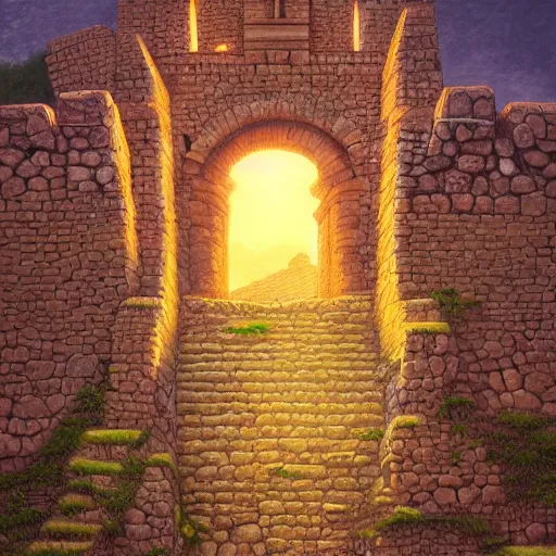 Prompt: digital painting of paramonga incan fortress, by filipe pagliuso and justin gerard, symmetric, fantasy, highly detailed, realistic, intricate, portrait, sharp focus, tarot card