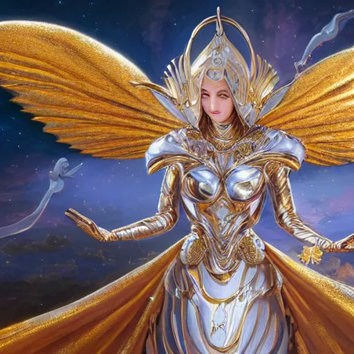 Image similar to a beautiful angel with a golden helmet wearing a silver armor with golden ornaments and diamonds jewelry, wings by alex gray and android jones, karol bak, ayami kojima, amano, concept art, character design, fantasy, 3 d, 8 k resolution