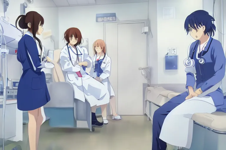 Prompt: a cute and beautiful young female doctor wearing white coat are talking with an elegant nurse wearing blue coat in a hospital ward, slice of life anime, anime scenery by Makoto shinkai