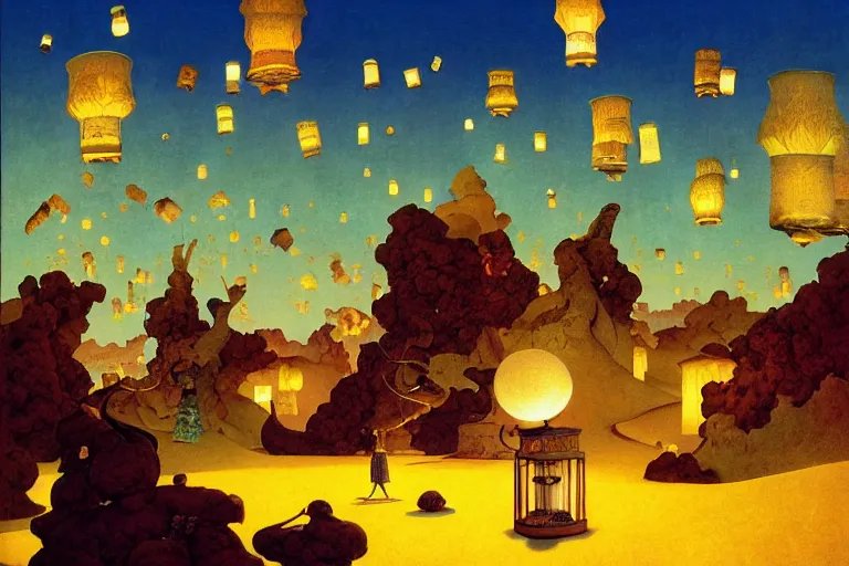 Image similar to a surreal fantasy landscape made of giant books, lanterns, papers, quills and ink bottles, digital painting by maxfield parrish and michael whelan, photorealistic