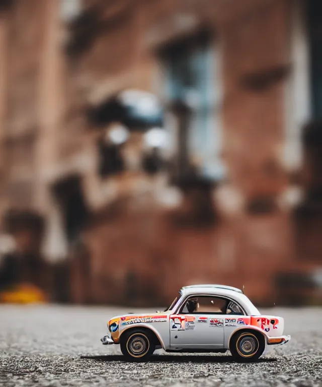 Image similar to high quality presentation photo of a retro toy car, photography 4k f1.8 anamorphic bokeh 4k Canon Nikon