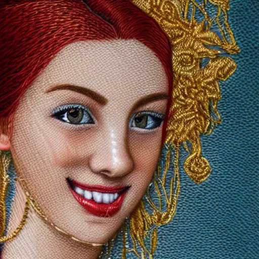 Prompt: Close up of a Highly detailed embroidery painting of a beautiful young woman with red hair, smiling, white clothes with gold details, Golden thread, golden details, intricate details, intricate patterns 4k, 8k, HDR